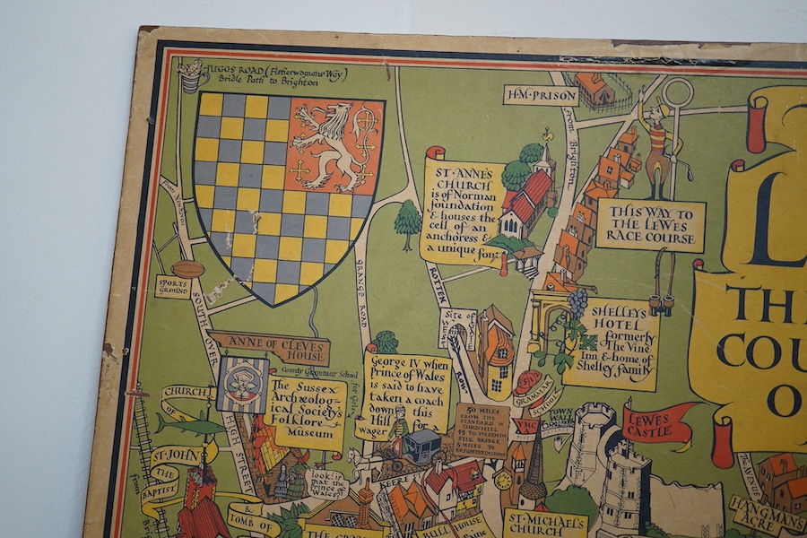 A 1930's ‘Visit Lewes, The Historic County Town of Sussex’ poster, 79cm high. Condition - fair